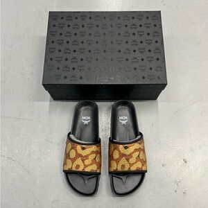 MCM Black and Brown Patterned Slide Sandals